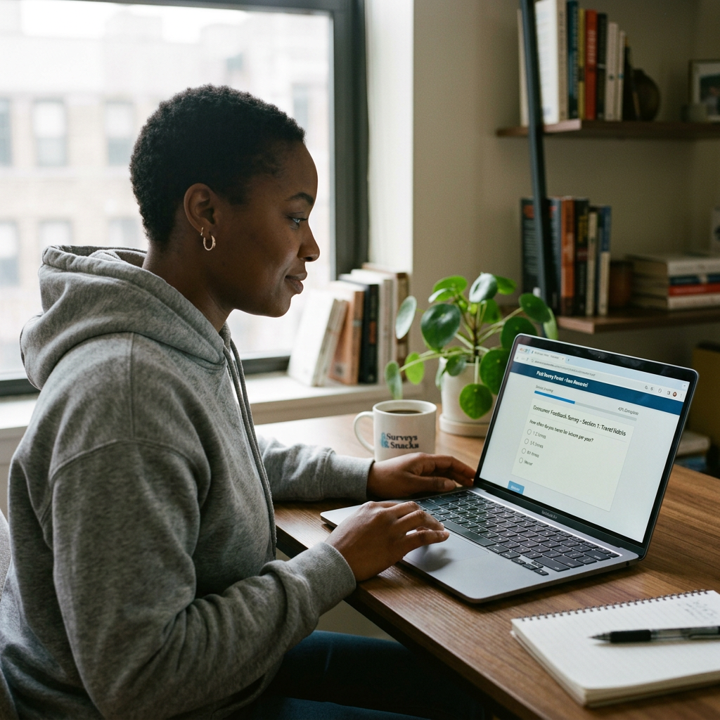 Person using laptop to complete an online survey next to a plant and coffee mug